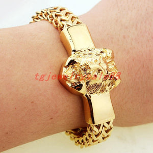 Planet Gates Gold Figaro Rolo Chain With Stainless Steel Lion Head Bracelet Fashion Men's Cuff Jewelry 15mm*8.66"