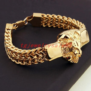 Planet Gates Gold Figaro Rolo Chain With Stainless Steel Lion Head Bracelet Fashion Men's Cuff Jewelry 15mm*8.66"