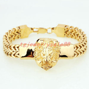 Planet Gates Gold Figaro Rolo Chain With Stainless Steel Lion Head Bracelet Fashion Men's Cuff Jewelry 15mm*8.66"