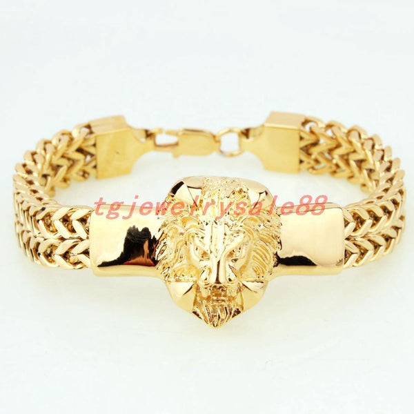 Planet Gates Gold Figaro Rolo Chain With Stainless Steel Lion Head Bracelet Fashion Men's Cuff Jewelry 15mm*8.66"