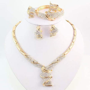 Planet Gates gold Gold Color Alloy Rhinestone Wedding Jewelry Sets Necklace Bracelet Ring Earrings For Women Bridal