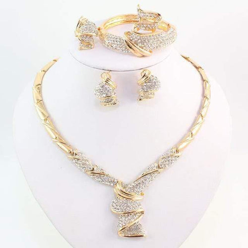 Planet Gates gold Gold Color Alloy Rhinestone Wedding Jewelry Sets Necklace Bracelet Ring Earrings For Women Bridal
