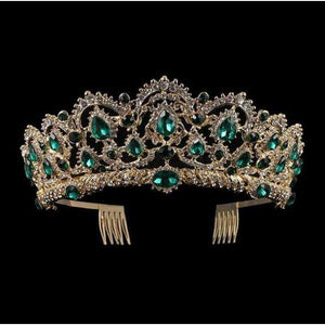 Planet Gates Guldgrøn KMVEXO Europæiske Dråbegrønne Røde Krystaltiaraer Vintage Guld Rhinestone Pageant Kroner Med Kam Barok Bryllupshårtilbehør