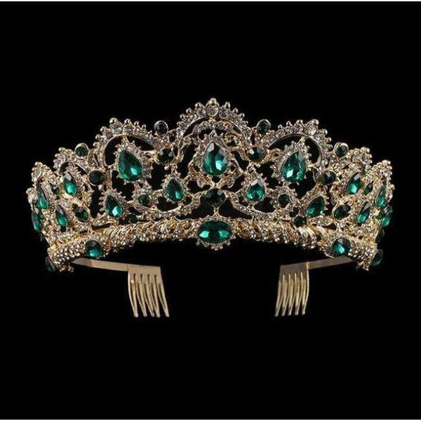 Planet Gates Guldgrøn KMVEXO Europæiske Dråbegrønne Røde Krystaltiaraer Vintage Guld Rhinestone Pageant Kroner Med Kam Barok Bryllupshårtilbehør