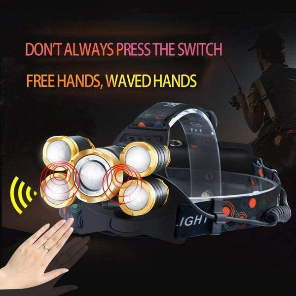 Planet Gates Gold induction HUSUYUHU SISI 5 LED Strong Head Light Aluminum Alloy Focusing Induction Headlight Waterproof Outdoor Fishing Light
