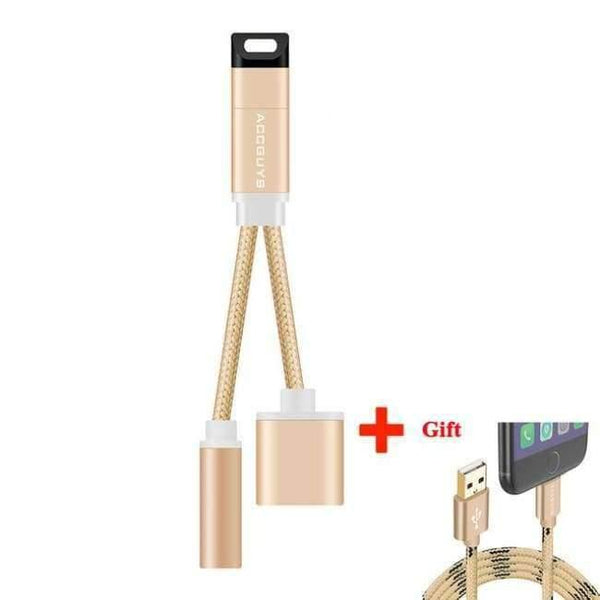 Planet Gates gold iPhone X/8 Plus IOS 11 Audio Adapter 3.5mm Headphone Jack Lighting Music Charge AUX Cable Splitter w USB Cable Gift