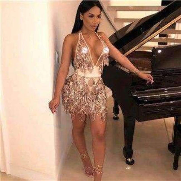 Planet Gates Gold / L Autumn Sequined Dress Backless Bandage Women Dress Sexy Spaghetti Strap Party Dresses Bodycon V Neck Sleeveless Elegant Vestidos