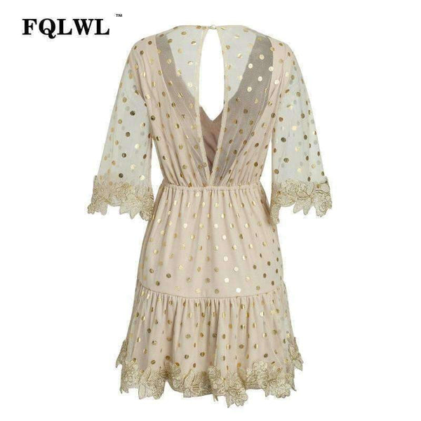 Planet Gates Gold / L FQLWL Dot Sequined Summer Dress 2018 Deep V Neck Flare Sleeve Patchwork Bandage Mini Embroidery Dress Mesh See Through Dresses