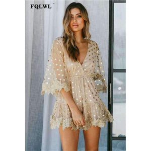 Planet Gates Gold / L FQLWL Dot Sequined Summer Dress 2018 Deep V Neck Flare Sleeve Patchwork Bandage Mini Embroidery Dress Mesh See Through Dresses