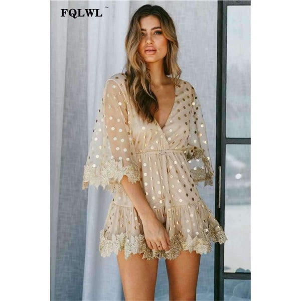Planet Gates Gold / L FQLWL Dot Sequined Summer Dress 2018 Deep V Neck Flare Sleeve Patchwork Bandage Mini Embroidery Dress Mesh See Through Dresses