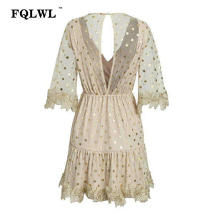 Planet Gates Gold / L FQLWL Dot Sequined Summer Dress 2018 Deep V Neck Flare Sleeve Patchwork Bandage Mini Embroidery Dress Mesh See Through Dresses
