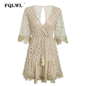 Planet Gates Gold / L FQLWL Dot Sequined Summer Dress 2018 Deep V Neck Flare Sleeve Patchwork Bandage Mini Embroidery Dress Mesh See Through Dresses