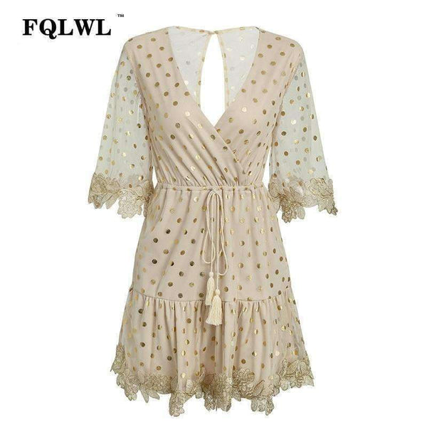 Planet Gates Gold / L FQLWL Dot Sequined Summer Dress 2018 Deep V Neck Flare Sleeve Patchwork Bandage Mini Embroidery Dress Mesh See Through Dresses