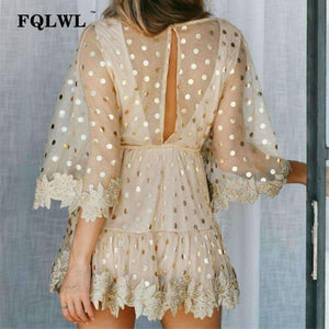 Planet Gates Gold / L FQLWL Dot Sequined Summer Dress 2018 Deep V Neck Flare Sleeve Patchwork Bandage Mini Embroidery Dress Mesh See Through Dresses