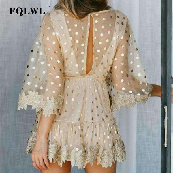 Planet Gates Gold / L FQLWL Dot Sequined Summer Dress 2018 Deep V Neck Flare Sleeve Patchwork Bandage Mini Embroidery Dress Mesh See Through Dresses