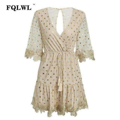 Planet Gates Gold / L FQLWL Dot Sequined Summer Dress 2018 Deep V Neck Flare Sleeve Patchwork Bandage Mini Embroidery Dress Mesh See Through Dresses
