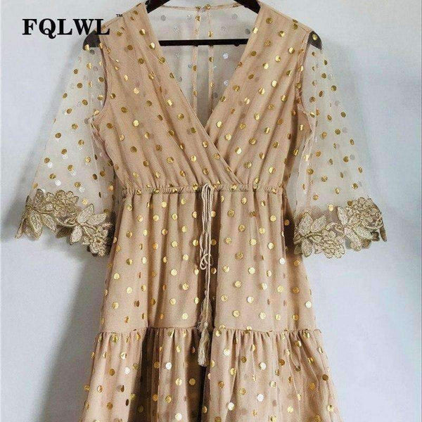Planet Gates Gold / L FQLWL Dot Sequined Summer Dress 2018 Deep V Neck Flare Sleeve Patchwork Bandage Mini Embroidery Dress Mesh See Through Dresses