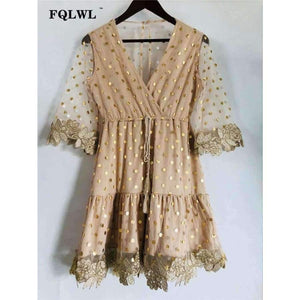 Planet Gates Gold / L FQLWL Dot Sequined Summer Dress 2018 Deep V Neck Flare Sleeve Patchwork Bandage Mini Embroidery Dress Mesh See Through Dresses