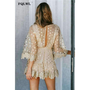 Planet Gates Gold / L FQLWL Dot Sequined Summer Dress 2018 Deep V Neck Flare Sleeve Patchwork Bandage Mini Embroidery Dress Mesh See Through Dresses