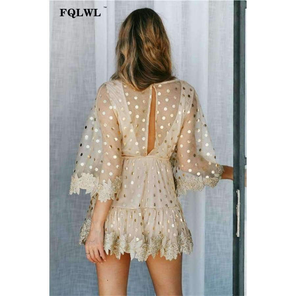 Planet Gates Gold / L FQLWL Dot Sequined Summer Dress 2018 Deep V Neck Flare Sleeve Patchwork Bandage Mini Embroidery Dress Mesh See Through Dresses