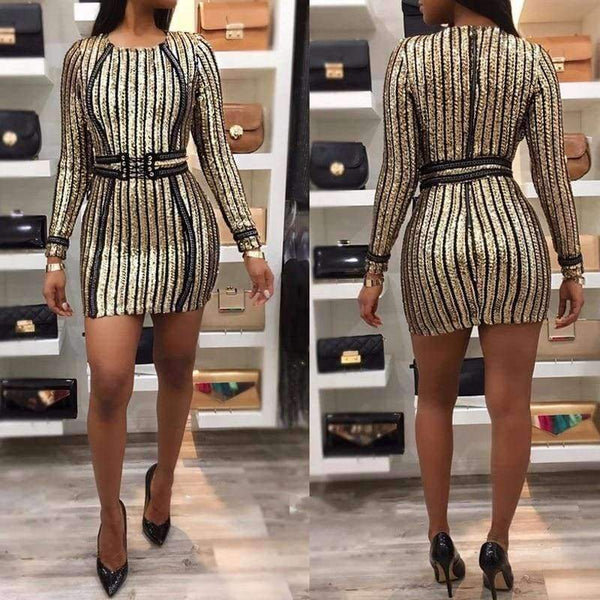 Planet Gates Gold / L New Christmas Sequin Dress Women Sexy Bodycon Lady Vestidos Winter Striped Long Sleeve Women Clubwear Party Dress