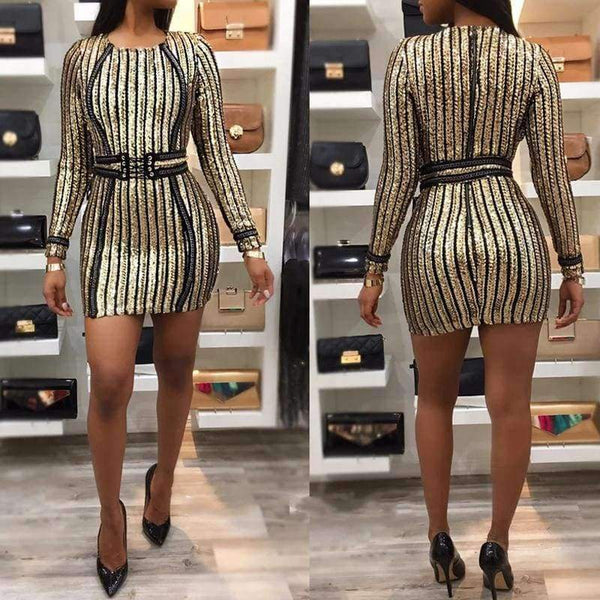 Planet Gates Gold / L New Christmas Sequin Dress Women Sexy Bodycon Lady Vestidos Winter Striped Long Sleeve Women Clubwear Party Dress