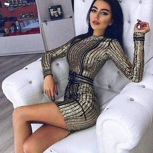 Planet Gates Gold / L New Christmas Sequin Dress Women Sexy Bodycon Lady Vestidos Winter Striped Long Sleeve Women Clubwear Party Dress