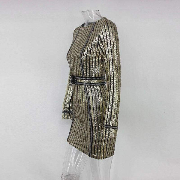 Planet Gates Gold / L New Christmas Sequin Dress Women Sexy Bodycon Lady Vestidos Winter Striped Long Sleeve Women Clubwear Party Dress