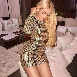 Planet Gates Gold / L New Christmas Sequin Dress Women Sexy Bodycon Lady Vestidos Winter Striped Long Sleeve Women Clubwear Party Dress