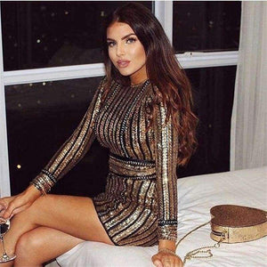 Planet Gates Gold / L New Christmas Sequin Dress Women Sexy Bodycon Lady Vestidos Winter Striped Long Sleeve Women Clubwear Party Dress