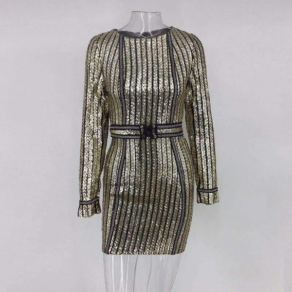 Planet Gates Gold / L New Christmas Sequin Dress Women Sexy Bodycon Lady Vestidos Winter Striped Long Sleeve Women Clubwear Party Dress