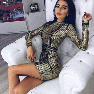 Planet Gates Gold / L New Christmas Sequin Dress Women Sexy Bodycon Lady Vestidos Winter Striped Long Sleeve Women Clubwear Party Dress