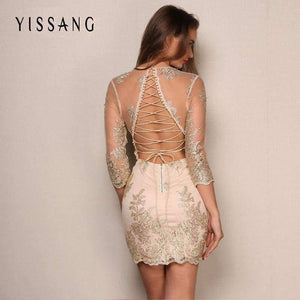 Planet Gates Gold / L Summer Mini Dress Women deep v neck Elegant backless lace up Party Dresses hollow out Sundress Vestidos dropshipping