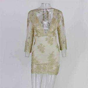 Planet Gates Gold / L Summer Mini Dress Women deep v neck Elegant backless lace up Party Dresses hollow out Sundress Vestidos dropshipping