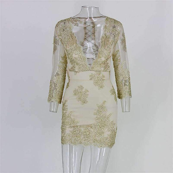 Planet Gates Gold / L Summer Mini Dress Women deep v neck Elegant backless lace up Party Dresses hollow out Sundress Vestidos dropshipping