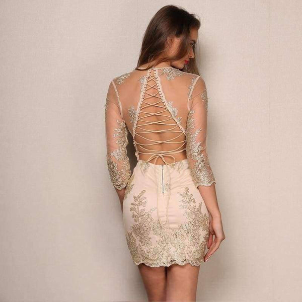 Planet Gates Gold / L Summer Mini Dress Women deep v neck Elegant backless lace up Party Dresses hollow out Sundress Vestidos dropshipping
