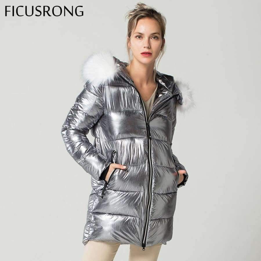 Planet Gates Gold / L White Fur Collar Coat Winter Jacket Women Long Down Parkas Female Warm Hooded Jacket Coat Silver Gray 2018 New FICUSRONG