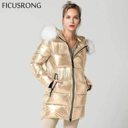 Planet Gates Gold / L White Fur Collar Coat Winter Jacket Women Long Down Parkas Female Warm Hooded Jacket Coat Silver Gray 2018 New FICUSRONG