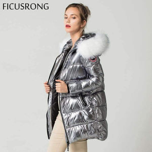 Planet Gates Gold / L White Fur Collar Coat Winter Jacket Women Long Down Parkas Female Warm Hooded Jacket Coat Silver Gray 2018 New FICUSRONG
