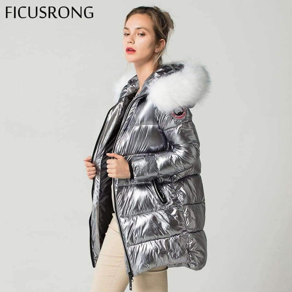 Planet Gates Gold / L White Fur Collar Coat Winter Jacket Women Long Down Parkas Female Warm Hooded Jacket Coat Silver Gray 2018 New FICUSRONG