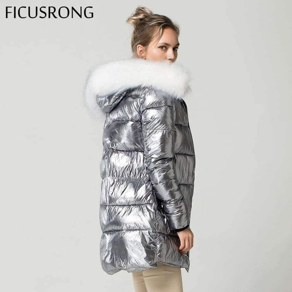 Planet Gates Gold / L White Fur Collar Coat Winter Jacket Women Long Down Parkas Female Warm Hooded Jacket Coat Silver Gray 2018 New FICUSRONG