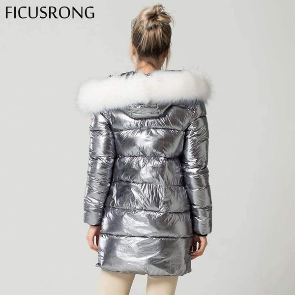 Planet Gates Gold / L White Fur Collar Coat Winter Jacket Women Long Down Parkas Female Warm Hooded Jacket Coat Silver Gray 2018 New FICUSRONG