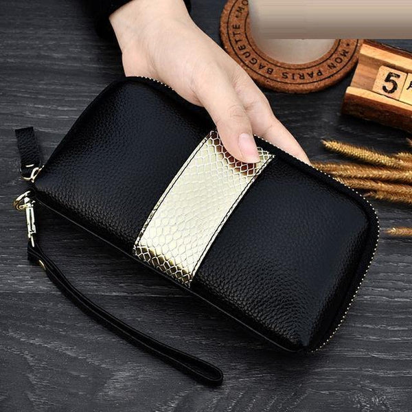 Planet Gates Gold Ladies genuine leather clutch purses panelled Long Women Wallet Zipper wrist bag female Coin Purse Mobile phone bag bolsa