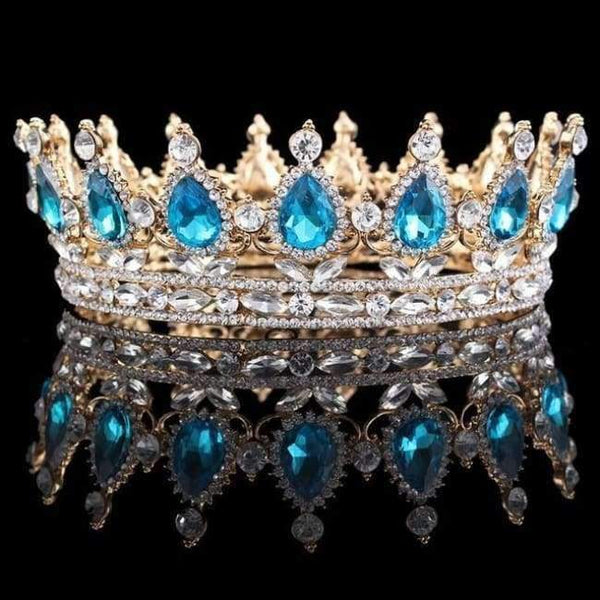 Planet Gates Gold Lake blue Vintage Baroque Queen King Bride Tiara Crown For Women Headdress Prom Bridal Wedding Tiaras and Crowns Hair Jewelry Accessories