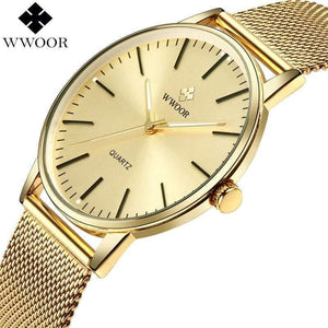 Planet Gates Gold Men Simple Slim Quartz Watch Gold Steel Mesh Ultra Thin Men Watches Luxury Brand Waterproof Male Wrist Watch Golden Clock