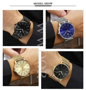 Planet Gates Gold Men Simple Slim Quartz Watch Gold Steel Mesh Ultra Thin Men Watches Luxury Brand Waterproof Male Wrist Watch Golden Clock