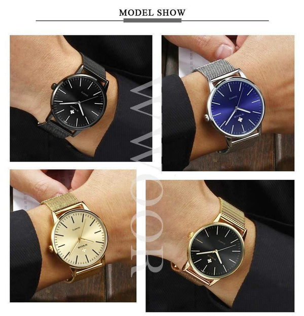 Planet Gates Gold Men Simple Slim Quartz Watch Gold Steel Mesh Ultra Thin Men Watches Luxury Brand Waterproof Male Wrist Watch Golden Clock