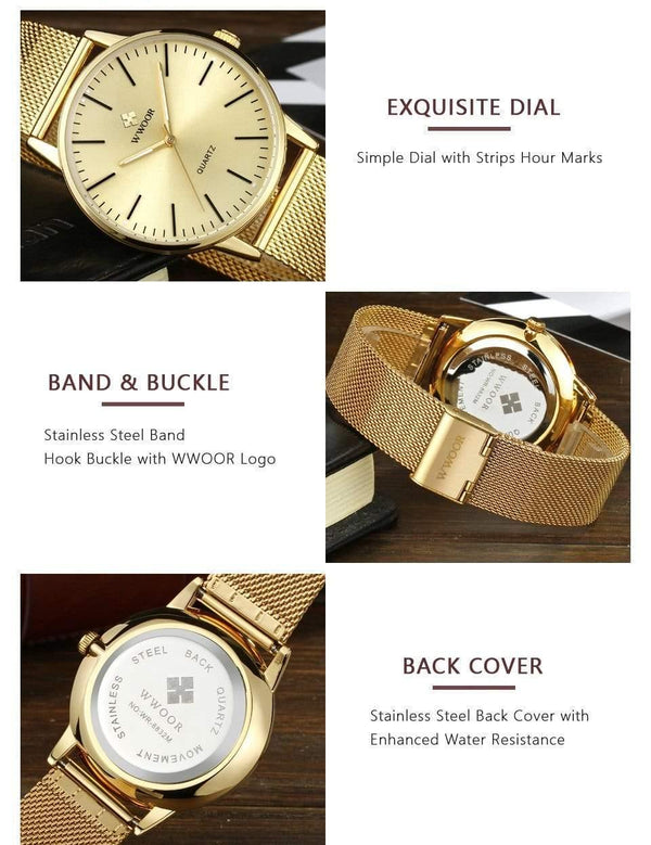 Planet Gates Gold Men Simple Slim Quartz Watch Gold Steel Mesh Ultra Thin Men Watches Luxury Brand Waterproof Male Wrist Watch Golden Clock