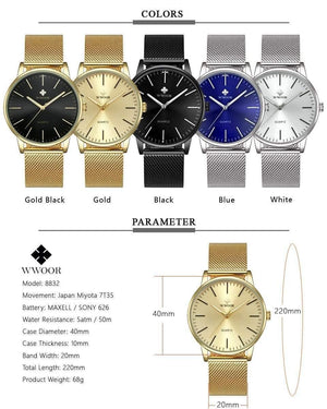 Planet Gates Gold Men Simple Slim Quartz Watch Gold Steel Mesh Ultra Thin Men Watches Luxury Brand Waterproof Male Wrist Watch Golden Clock