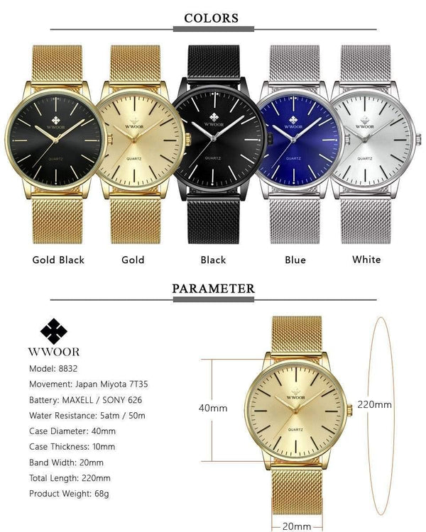 Planet Gates Gold Men Simple Slim Quartz Watch Gold Steel Mesh Ultra Thin Men Watches Luxury Brand Waterproof Male Wrist Watch Golden Clock